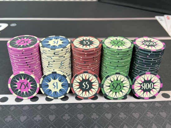 The Summer Solstice designer poker chips come in denominations of $.25, $1, $5, $25, and $100. They are 39mm poker checks (US-sized) and are the same quality found in most casinos around the world. Many of our clients use these as a basis for custom chips