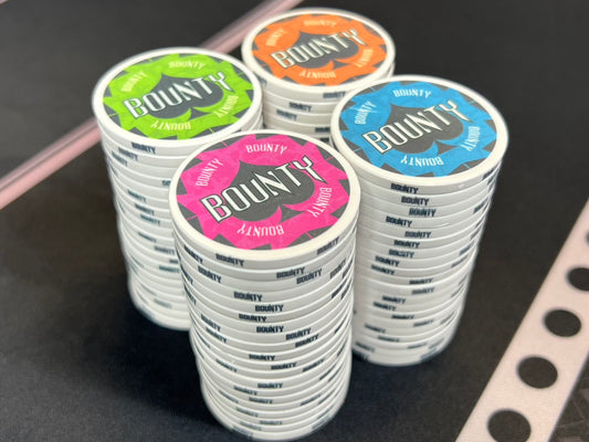 Four stacks of 20 designer Havoc Bounty chips. Available in four colors: lime green, torrid pink, caribbean blue, and burnt orange. Bright, vibrant colors look even better in person and really jump out of a pot and a dirty stack.