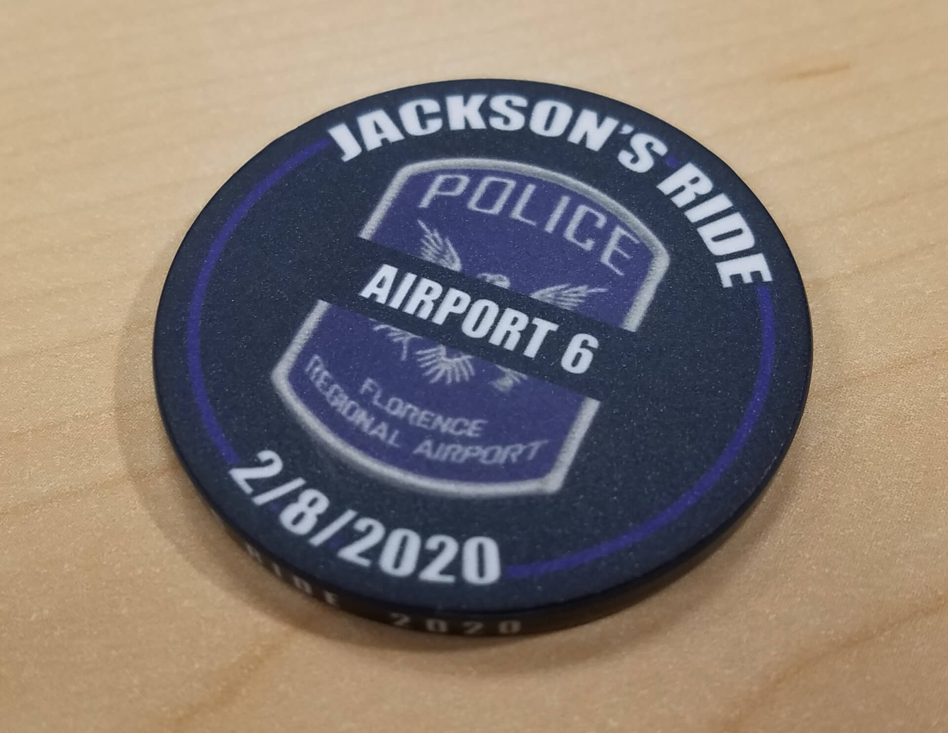 Aurora Poker Gear Custom Challenge Coins for Client - Jackson's Ride 2020 - Officer Down Patriotic Chips - Set of patriotic ceramic challenge coins customized by Aurora Poker Gear to commemorate the annual Jackson's Ride 2020 event, featuring police-related graphics with black band to honor fallen officers.
