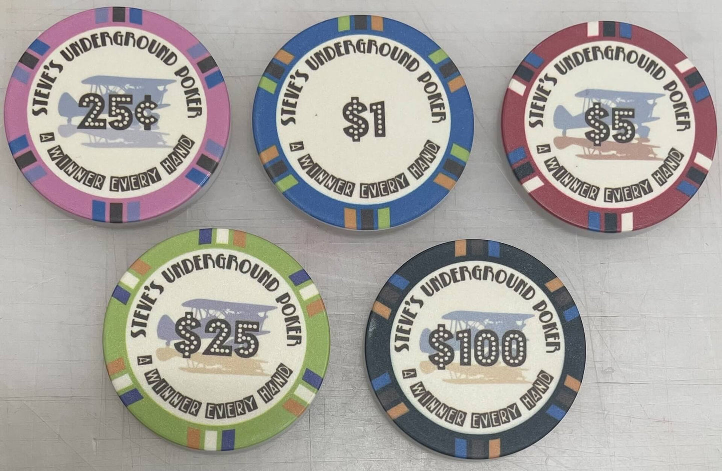 Aurora Poker Gear Custom Poker Chips for Christmas Gift for Her Husband - Winterstine - Set of personalized 39mm poker chips with custom engraving and graphics made by Aurora Poker Gear, intended as a Christmas gift.
