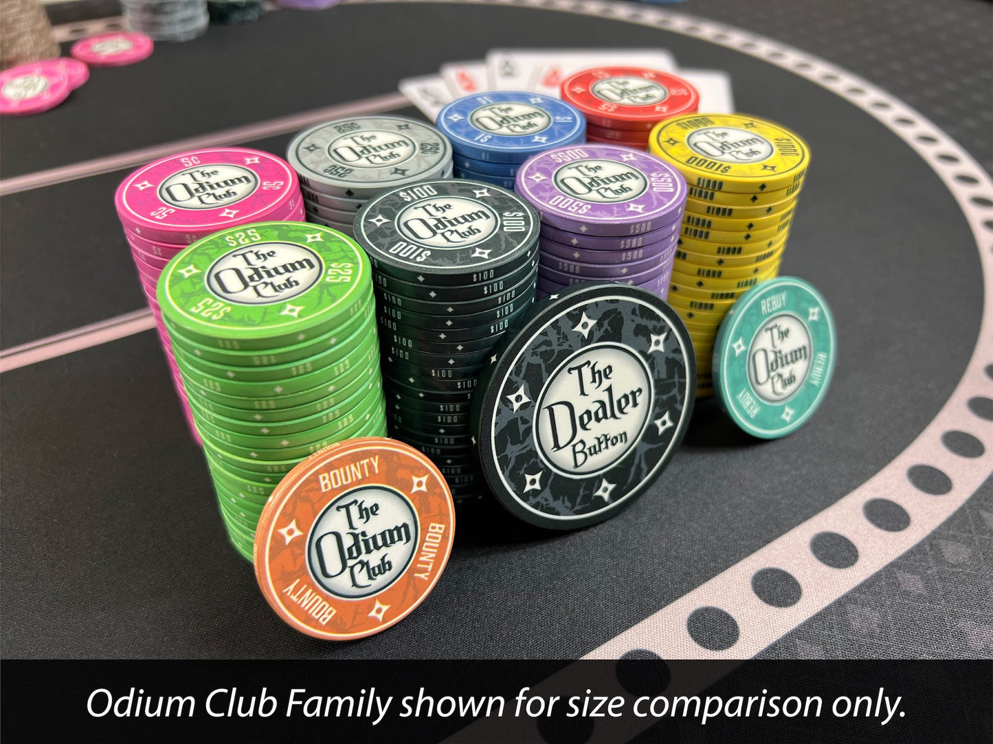 Shown here are all 8 denominations of Odium Club poker chip stacks, the 43mm Odium Club Rebuy chip, the 43mm Odium Club Bounty chip, and the 60mm (2.36 inch) Odium Club Dealer Button. The 39mm chips and the 43mm bounty and rebuy chips are 3.3mm thick--which is the standard poker chip thickness. The dealer button is .223-inch or 5.66mm thick. Available in 5¢ pink, 25¢ gray, $1 blue, $5 red, $25 green, $100 black, $500 purple, and $1000 yellow. Few offer matching poker chips and dealer buttons.
